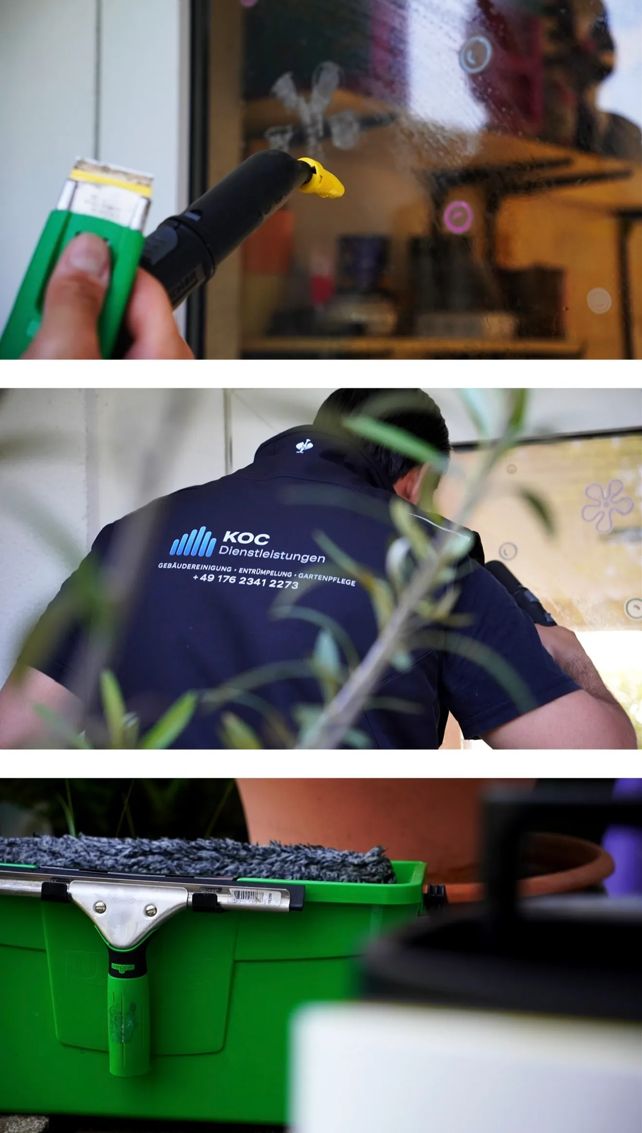 Professionelle Fensterreinigung durch Koç Dienstleistungen mit Abzieher und Profi-Equipment