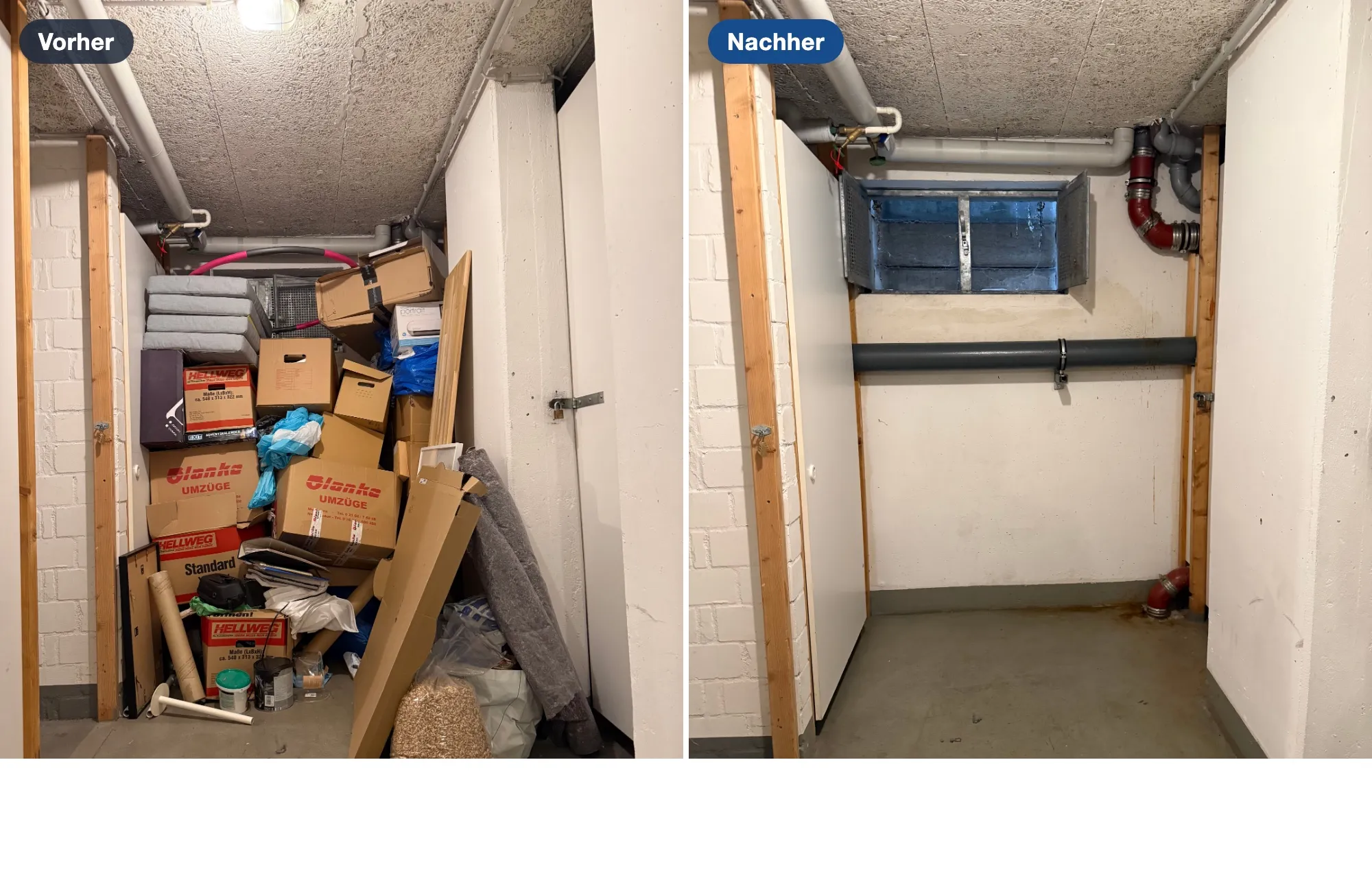 Kellerentrümpelung in Bonn – links der volle Keller vorher, rechts leergeräumt nachher